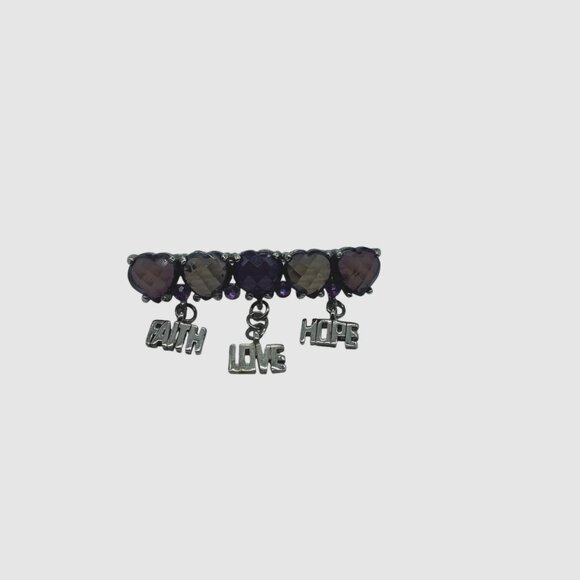 Heart-Shaped Charm Faith Love Hope Brooch Pin Dangling Charms 2" Purple Stones - Picture 2 of 4